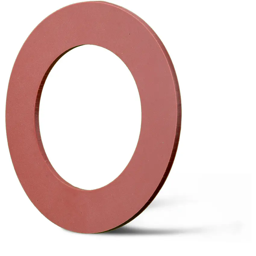 Deutsch: Abbildung zeigt eine DIN – Elastomerflachdichtung aus rotem Silikon. English: Picture displays a flat seal out of red silicon, which follows the Standard DIN.