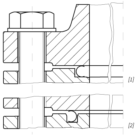 Deutsch: Abbildung zeigt ein Schnittbild von einer eingebauten Metalldichtung English: Figure shows a sectional view of a assembled metal gasket