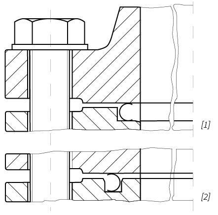 Deutsch: Abbildung zeigt ein Schnittbild von einer eingebauten Metalldichtung English: Figure shows a sectional view of a assembled metal gasket