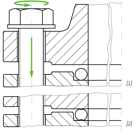 Deutsch: Abbildung zeigt ein Schnittbild von einer eingebauten Metalldichtung English: Figure shows a sectional view of a assembled metal gasket