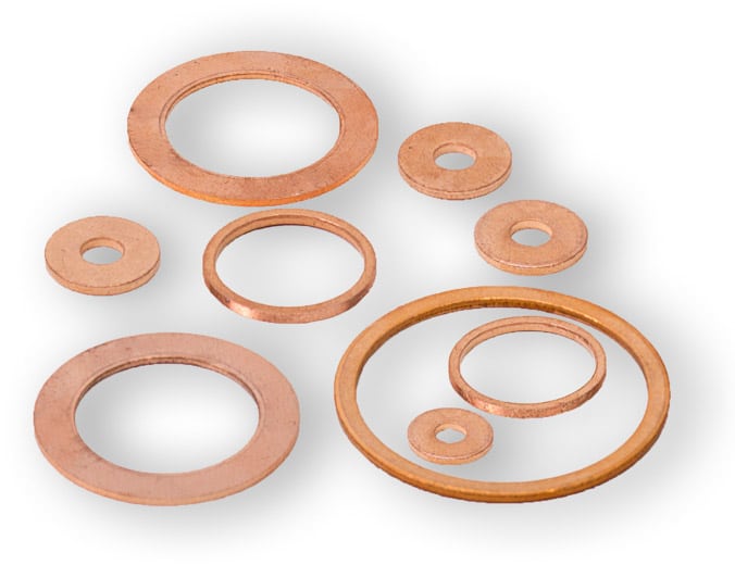 Deutsch: Abbildung zeigt Metalldichtringe aus dem Grundmaterial Kupfer für Hochdruckanwendungen. English: Picture displays copper ring seals for high pressure applications.