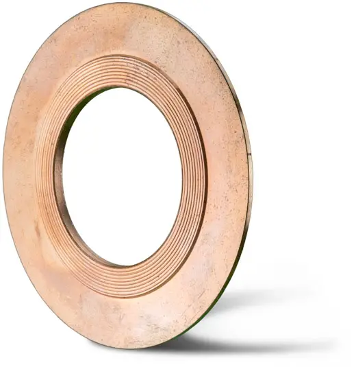 Deutsch: Abbildung zeigt eine Kammprofildichtung mit angedrehtem Zentrierrand aus dem Grundmaterial Kupfer. English: Picture displays serrated gasket with a centering out of copper.