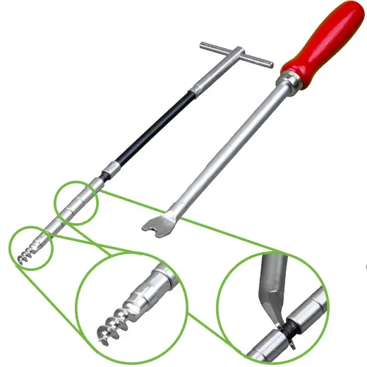 Deutsch: Abbildung zeigt einen flexiblen Packungszieher mit Hebelwerkzeug die Spitze ist als Scharfgewindeboher ausgeführt. English: Picture displays a packing extractor an lever tool which tip has the sharp thread shape.