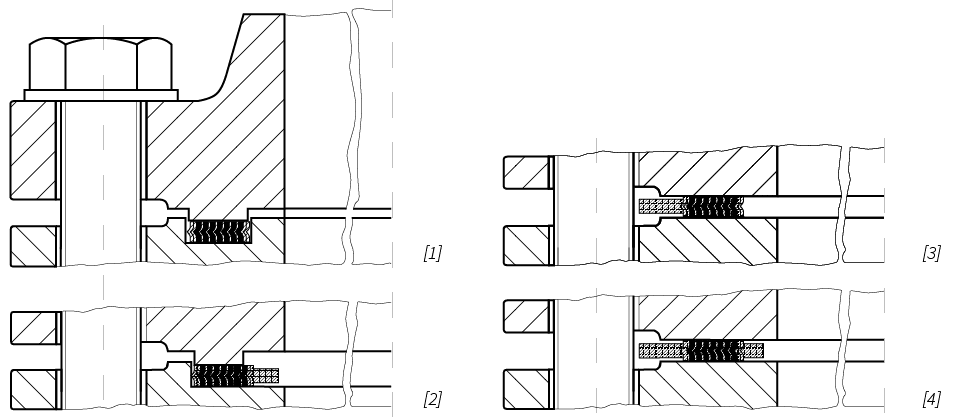 Deutsch: Abbildung zeigt Schnittdarstellung von montierten Spiraldichtungen English: Illustration shows sectional view of mounted spiral seals