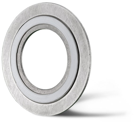 Deutsch: Abbildung zeigt eine Spiraldichtung aus Stahl mit Zentrierring und innerer Graphit Wicklungen gekammert durch PTFE. English: Picture displays a steel spiral seal with a centre Ring and a graphite coil chambered by PTFE.