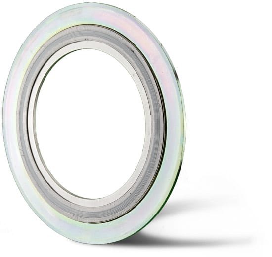 Deutsch: Abbildung zeigt eine Spiraldichtung aus Stahl mit Zentrierring und innerer Graphit Wicklungen gekammert durch PTFE. English: Picture displays a steel spiral seal with a centre Ring and a graphite coil chambered by PTFE.