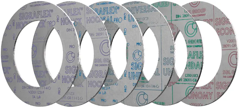 Deutsch: Abbildung zeigt eine DIN – Flachdichtung aus Graphit SIGRAFLEX® Hochdruck Pro. English: Picture displays a graphite flat seal out of SIGRAFLEX® Hochdruck Pro, which follows the DIN – Standard.