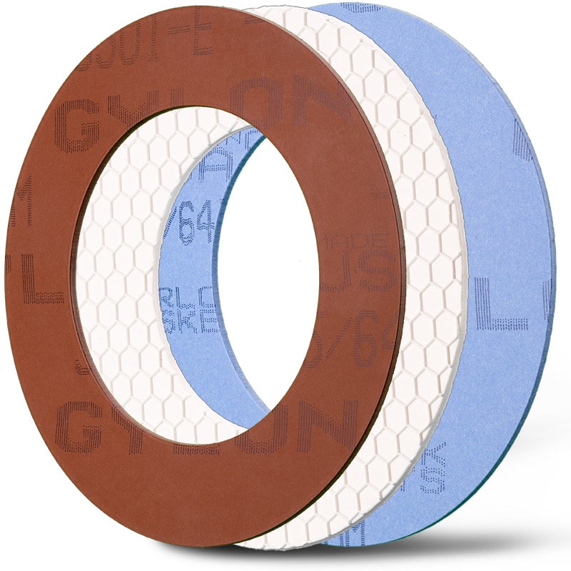 Deutsch: Abbildung zeigt folgende PTFE-Dichtungen: Gylon® Style 3501-E , Gylon® Blau Style 3504, Gylon® Weiss Style 3510 EPX. | English: Picture displays following PTFE-Seals: Gylon® Style 3501-E , Gylon® Blau Style 3504, Gylon® Weiss Style 3510 EPX