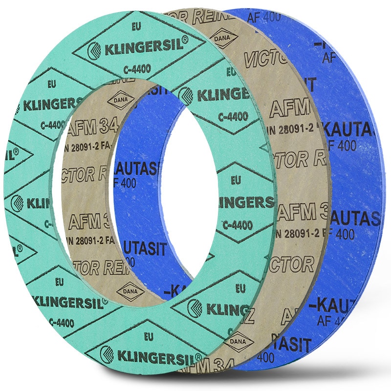 Deutsch: Abbildung zeigt Faserstoffdichtungen der Marke Klingersil® C-4400, Victor Reinz AFM 34, Kautasit AF400. English: picture displays fibre gaskets of the following brand: Klingersil® C-4400, Victor Reinz AFM 34, Kautasit AF400