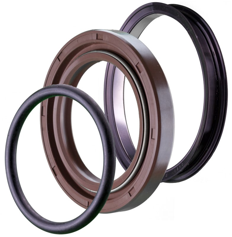 Deutsch: Abbildung zeigt Gummiformteile (O-Ring, Radialwellendichtring & Lippendichtung) | English: Picture displays rubber moulded parts (e.g.: o-ring, rotary shaft seal; lip seal)