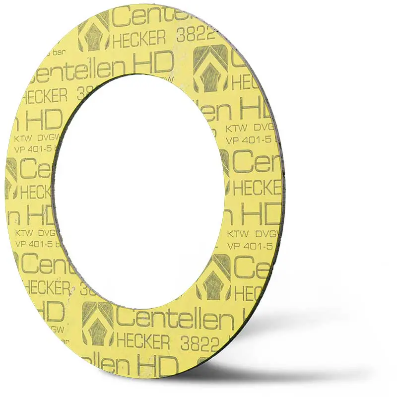 Deutsch: Abbildung zeigt eine DIN – Faserstoffflachdichtung aus Hecker Centellen® HD 3822. English: Picture displays a flat seal out of Hecker Centellen® HD 3822, which follows the Standard DIN.