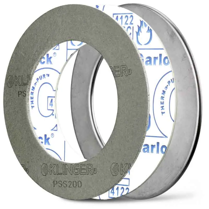 Deutsch: Abbildung zeigt eine KLINGERmilam® PSS, THERMa-PUR® Style 4122 und ummantelte Chrom-Nickel-Stahl-Dichtungen aus 1.4301 mit innenliegender Hochtemperaturkeramik. English: Picture shows a KLINGERmilam® PSS, THERMa-PUR® Style 4122 and coated chrome-nickel steel gaskets made of 1.4301 with internal high-temperature ceramic.