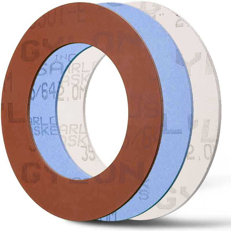 Deutsch: Abbildung zeigt Flachdichtung von links nach rechts GYLON® Standard Style 3501-E, GYLON® Blau Style 3504 und GYLON® Weiss Style 3510. English: Illustration shows flat gasket from left to right GYLON® Standard Style 3501-E, GYLON® Blue Style 3504 and GYLON® White Style 3510.