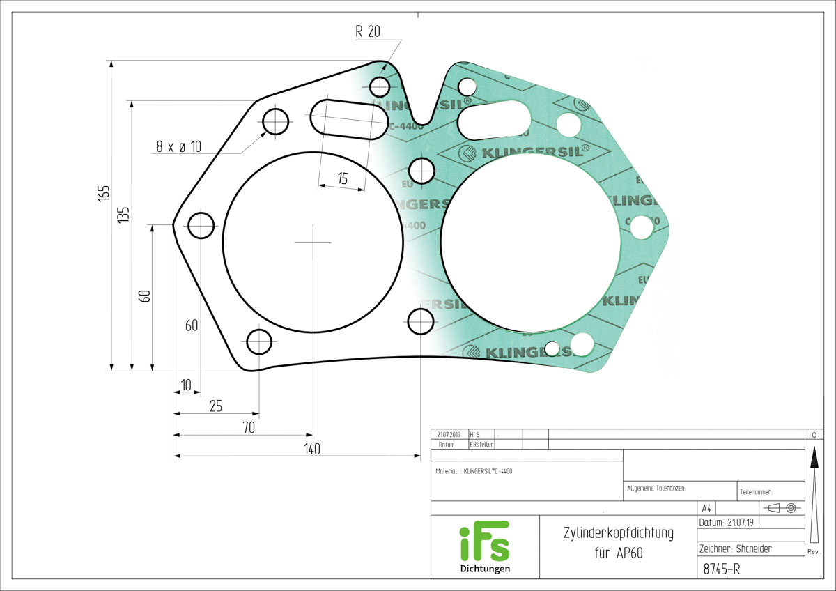 Deutsch: Abbildung zeigt eine Flachdichtung nach Maß. Wir schneiden ihn ihre Dichtung basierend auf einer von Ihnen erstellten Zeichnung oder dem von uns erstellten CAD Modell. Wir sind ihr Partner, wenn es um die Frage geht, wo sie ihre Dichtung fertigen lassen. English: Illustration shows a flat gasket made to measure. We cut your gasket based on a drawing you have created or the CAD model we have made. We are your partner when it comes to the question where to have your gasket manufactured.