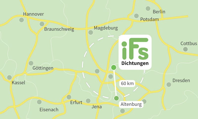 Die Karte zeigt den Abstand zwischen der Industrietechnik Frank Schneider GmbH und der Stadt Altenburg. Aufgrund der geringen Fahrzeit von 1 Stunden 10 Minuten ist es uns möglich auch kurzfristig Dichtungen zu Ihnen nach Altenburg zu liefern.