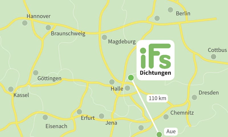 Die Karte zeigt den Abstand zwischen der Industrietechnik Frank Schneider GmbH und der Stadt Aue. Aufgrund der geringen Fahrzeit von 1 Stunden 50 Minuten ist es uns möglich auch kurzfristig Dichtungen zu Ihnen nach Aue zu liefern.