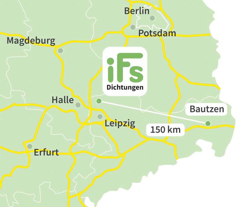 Die Karte zeigt den Abstand zwischen der Industrietechnik Frank Schneider GmbH und der Stadt Bautzen. Aufgrund der geringen Fahrzeit von 1 Stunden 50 Minuten ist es uns möglich auch kurzfristig Dichtungen zu Ihnen nach Bautzen zu liefern.