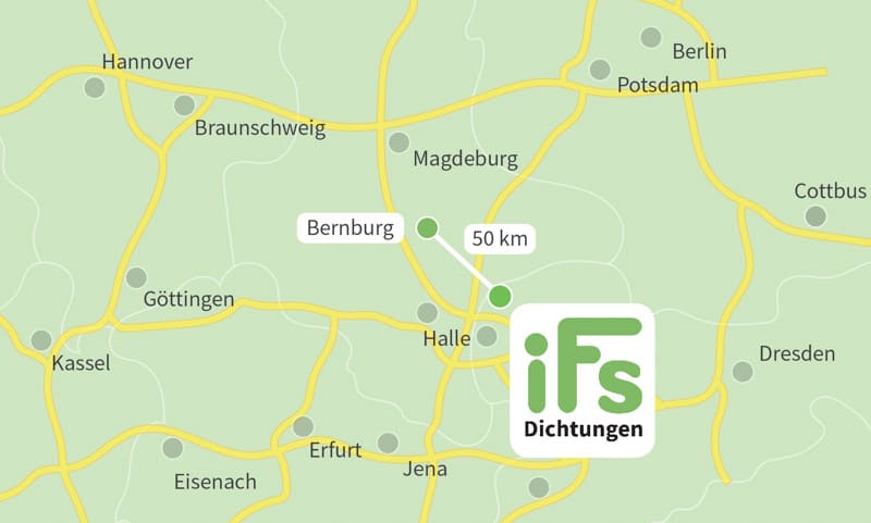 Die Karte zeigt den Abstand zwischen der Industrietechnik Frank Schneider GmbH und der Stadt Bernburg. Aufgrund der geringen Fahrzeit von 1 Stunden ist es uns möglich auch kurzfristig Dichtungen zu Ihnen nach Bernburg zu liefern.