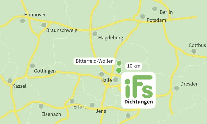 Die Karte zeigt den Abstand zwischen der Industrietechnik Frank Schneider GmbH und der Stadt Bitterfeld-Wolfen. Aufgrund der geringen Fahrzeit von 20 Minuten ist es uns möglich auch kurzfristig Dichtungen zu Ihnen nach Bitterfeld-Wolfen zu liefern.