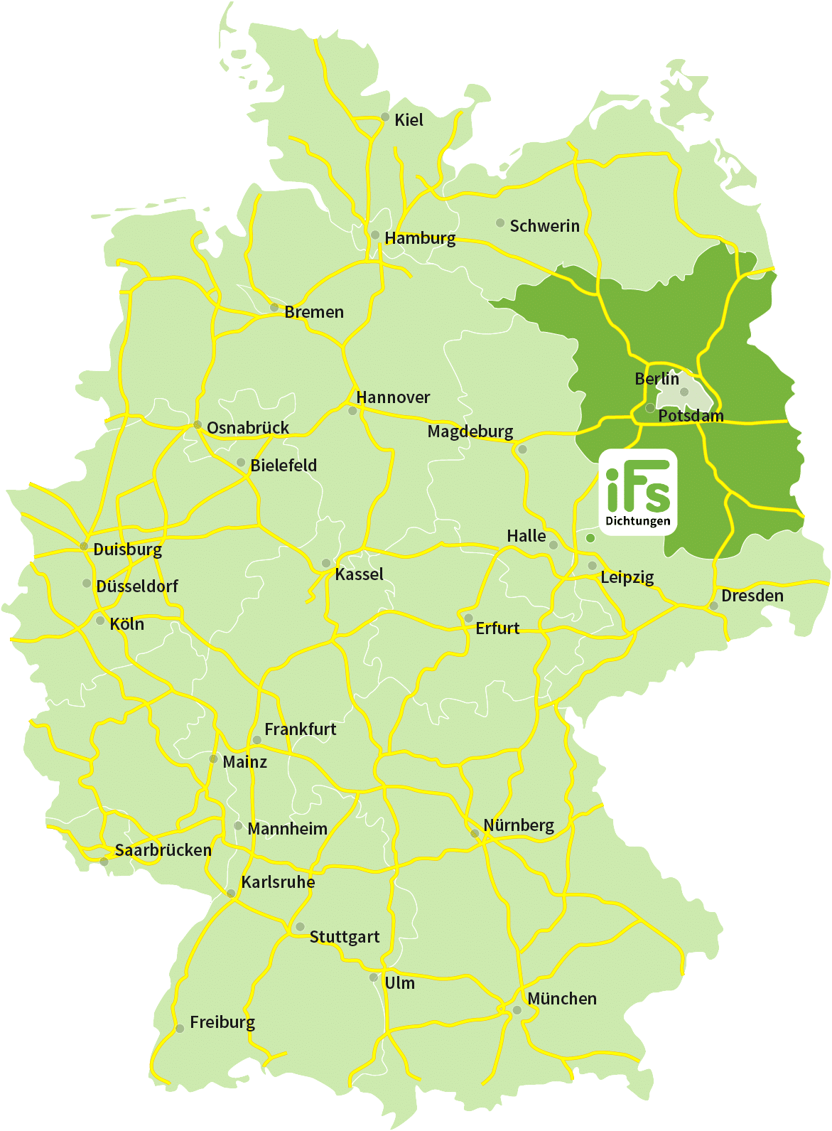 Karte der Bundesrepublik Deutschland mit Hervorhebung von dem Bundesland Brandenburg ebenfalls ist auf der Karte der Firmensitz der Industrietechnik Frank Schneider GmbH eingezeichnet.
