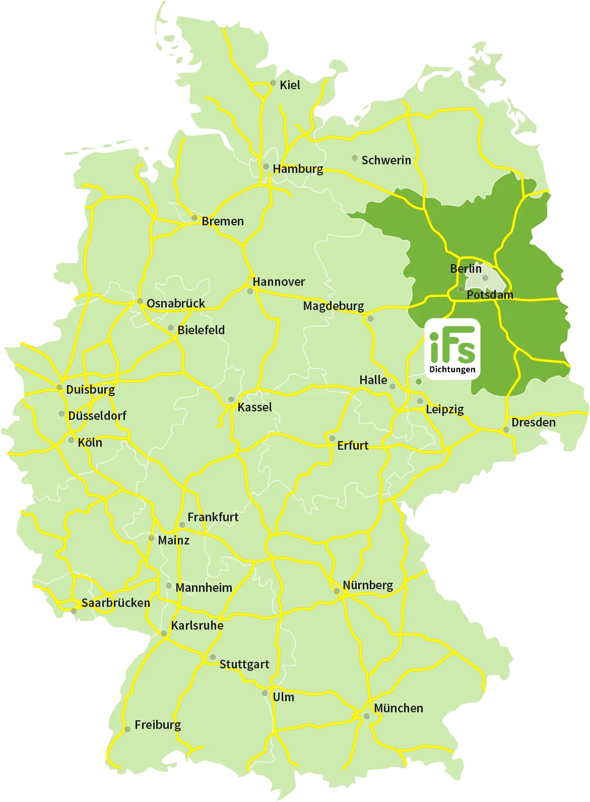 Karte der Bundesrepublik Deutschland mit Hervorhebung von dem Bundesland Brandenburg ebenfalls ist auf der Karte der Firmensitz der Industrietechnik Frank Schneider GmbH eingezeichnet.