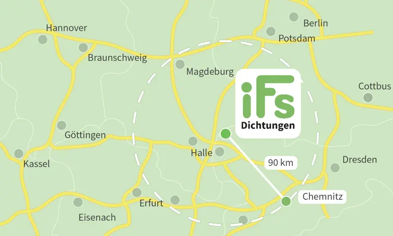 Die Karte zeigt den Abstand zwischen der Industrietechnik Frank Schneider GmbH und der Stadt Chemnitz. Aufgrund der geringen Fahrzeit von 1 Stunden 30 Minuten ist es uns möglich auch kurzfristig Dichtungen zu Ihnen nach Chemnitz zu liefern.