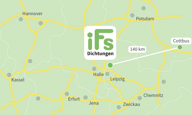 Abbildung zeigt den Abstand zwischen Industrietechnik Frank Schneider GmbH und Cottbus in Brandburg