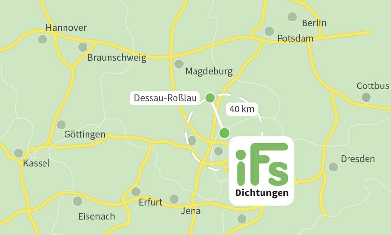 Die Karte zeigt den Abstand zwischen der Industrietechnik Frank Schneider GmbH und der Stadt Dessau-Roßlau. Aufgrund der geringen Fahrzeit von 40 Minuten ist es uns möglich auch kurzfristig Dichtungen zu Ihnen nach Dessau-Roßlau zu liefern.