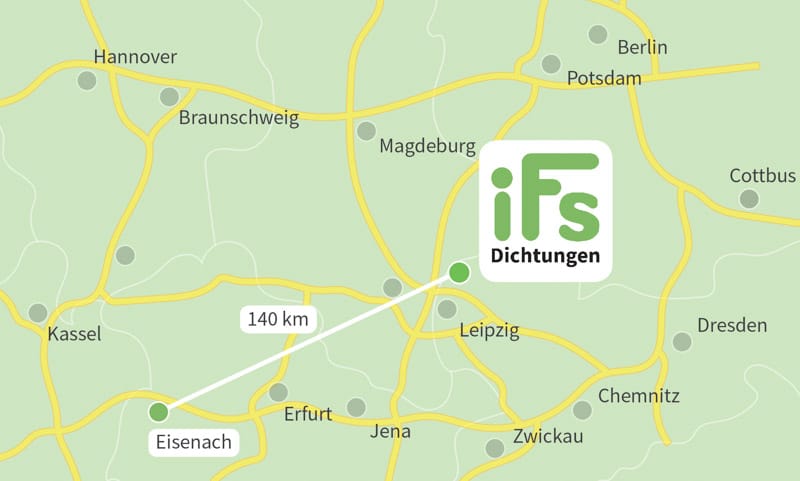 Die Karte zeigt den Abstand zwischen der Industrietechnik Frank Schneider GmbH und der Stadt Eisenach. Aufgrund der geringen Fahrzeit von 2 Stunden 10 Minuten ist es uns möglich auch kurzfristig Dichtungen zu Ihnen nach Eisenach zu liefern.