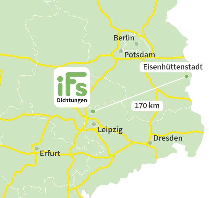 Die Karte zeigt den Abstand zwischen der Industrietechnik Frank Schneider GmbH und der Stadt Eisenhüttenstadt. Aufgrund der geringen Fahrzeit von 2 Stunden 40 Minuten ist es uns möglich auch kurzfristig Dichtungen zu Ihnen nach Eisenhüttenstadt zu liefern.