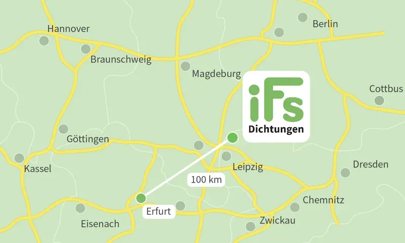 Die Karte zeigt den Abstand zwischen der Industrietechnik Frank Schneider GmbH und der Stadt Erfurt. Aufgrund der geringen Fahrzeit von 1 Stunden 50 Minuten ist es uns möglich auch kurzfristig Dichtungen zu Ihnen nach Erfurt zu liefern.