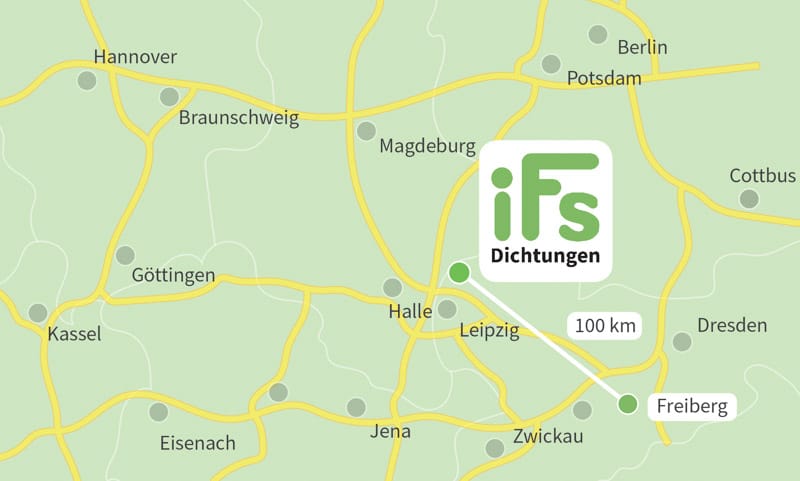 Die Karte zeigt den Abstand zwischen der Industrietechnik Frank Schneider GmbH und der Stadt Freiberg. Aufgrund der geringen Fahrzeit von 1 Stunden 20 Minuten ist es uns möglich auch kurzfristig Dichtungen zu Ihnen nach Freiberg zu liefern.