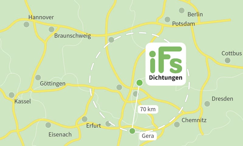Die Karte zeigt den Abstand zwischen der Industrietechnik Frank Schneider GmbH und der Stadt Gera. Aufgrund der geringen Fahrzeit von 1 Stunden 20 Minuten ist es uns möglich auch kurzfristig Dichtungen zu Ihnen nach Gera zu liefern.