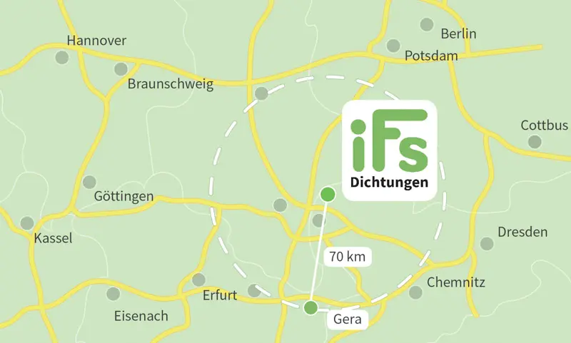 Die Karte zeigt den Abstand zwischen der Industrietechnik Frank Schneider GmbH und der Stadt Gera. Aufgrund der geringen Fahrzeit von 1 Stunden 20 Minuten ist es uns möglich auch kurzfristig Dichtungen zu Ihnen nach Gera zu liefern.