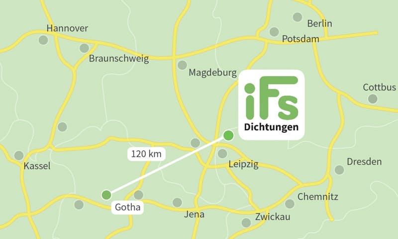 Die Karte zeigt den Abstand zwischen der Industrietechnik Frank Schneider GmbH und der Stadt Gotha. Aufgrund der geringen Fahrzeit von 1 Stunden 50 Minuten ist es uns möglich auch kurzfristig Dichtungen zu Ihnen nach Gotha zu liefern.
