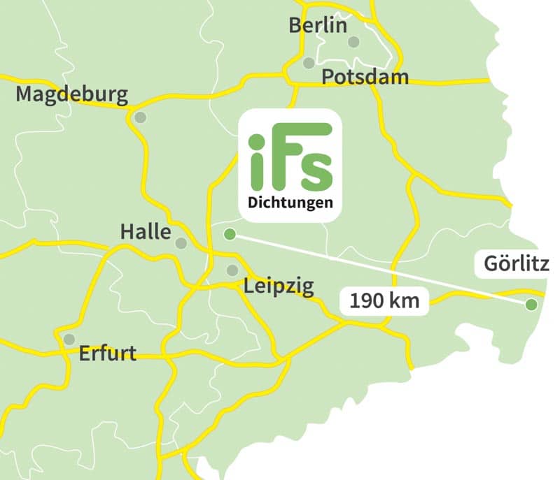 Die Karte zeigt den Abstand zwischen der Industrietechnik Frank Schneider GmbH und der Stadt Görlitz. Aufgrund der geringen Fahrzeit von 2 Stunden 20 Minuten ist es uns möglich auch kurzfristig Dichtungen zu Ihnen nach Görlitz zu liefern.