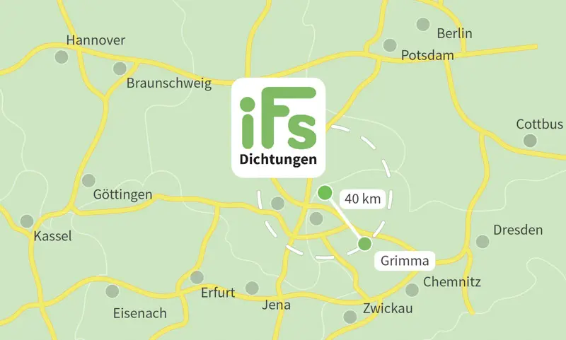 Die Karte zeigt den Abstand zwischen der Industrietechnik Frank Schneider GmbH und der Stadt Grimma. Aufgrund der geringen Fahrzeit von 40 Minuten ist es uns möglich auch kurzfristig Dichtungen zu Ihnen nach Grimma zu liefern.