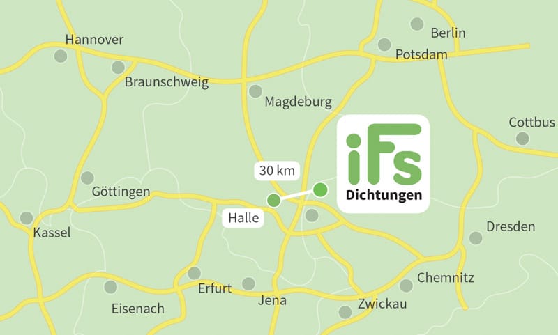 Die Karte zeigt den Abstand zwischen der Industrietechnik Frank Schneider GmbH und der Stadt Halle (Saale). Aufgrund der geringen Fahrzeit von 40 Minuten ist es uns möglich auch kurzfristig Dichtungen zu Ihnen nach Halle (Saale) zu liefern.