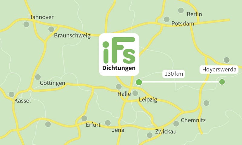 Die Karte zeigt den Abstand zwischen der Industrietechnik Frank Schneider GmbH und der Stadt Hoyerswerda. Aufgrund der geringen Fahrzeit von 2 Stunden 10 Minuten ist es uns möglich auch kurzfristig Dichtungen zu Ihnen nach Hoyerswerda zu liefern.