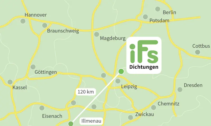 Die Karte zeigt den Abstand zwischen der Industrietechnik Frank Schneider GmbH und der Stadt Illmenau. Aufgrund der geringen Fahrzeit von 2 Stunden ist es uns möglich auch kurzfristig Dichtungen zu Ihnen nach Illmenau zu liefern.
