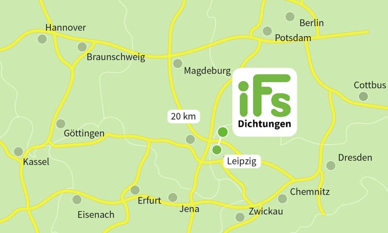 Deutsch: Abbildung zeigt eine Karte von Mitteldeutschland, auf der der Abstand von Delitzsch, dem Hauptsitz der Industrietechnik Frank Schneider GmbH und der Stadt Leipzig verzeichnet ist. Der Abstand zwischen den beiden Städten in Nord-Sachsen beträgt ca. 20 km. English: Illustration shows a map of Central Germany showing the distance from Delitzsch, the headquarters of Industrietechnik Frank Schneider GmbH and the city of Leipzig. The distance between the two cities in northern Saxony is approx. 20 km.