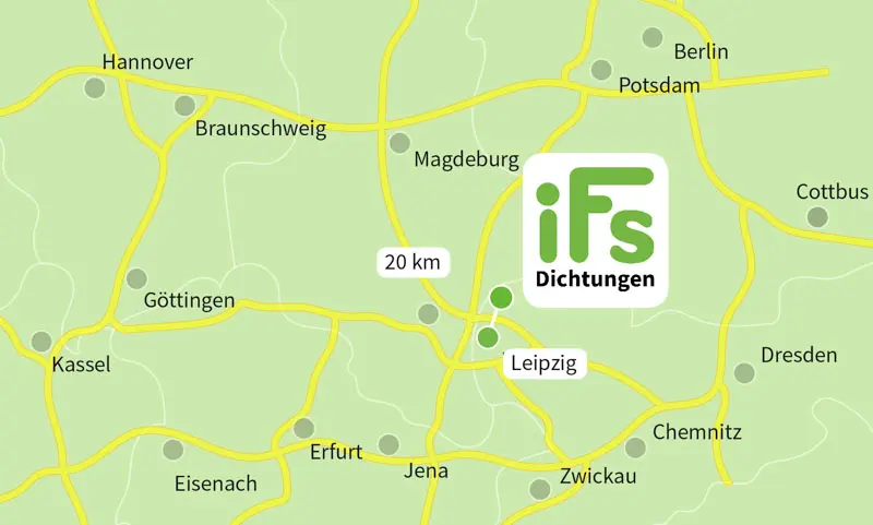 Deutsch: Abbildung zeigt eine Karte von Mitteldeutschland, auf der der Abstand von Delitzsch, dem Hauptsitz der Industrietechnik Frank Schneider GmbH und der Stadt Leipzig verzeichnet ist. Der Abstand zwischen den beiden Städten in Nord-Sachsen beträgt ca. 20 km. English: Illustration shows a map of Central Germany showing the distance from Delitzsch, the headquarters of Industrietechnik Frank Schneider GmbH and the city of Leipzig. The distance between the two cities in northern Saxony is approx. 20 km.