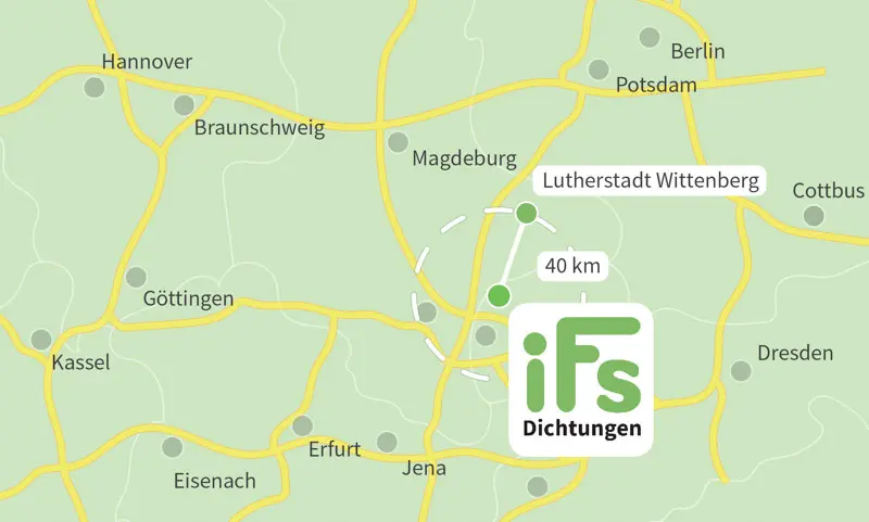 Die Karte zeigt den Abstand zwischen der Industrietechnik Frank Schneider GmbH und der Stadt Lutherstadt Wittenberg. Aufgrund der geringen Fahrzeit von 40 Minuten ist es uns möglich auch kurzfristig Dichtungen zu Ihnen nach Lutherstadt Wittenberg zu liefern.
