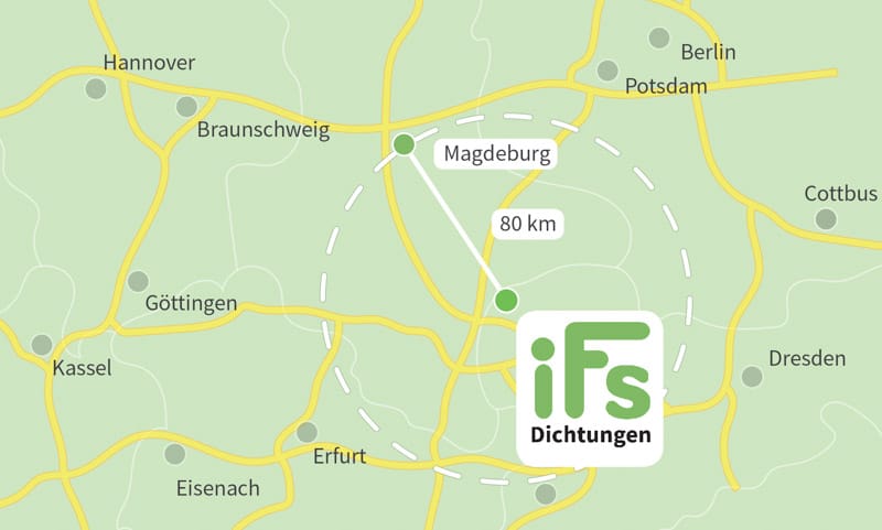Die Karte zeigt den Abstand zwischen der Industrietechnik Frank Schneider GmbH und der Stadt Magdeburg. Aufgrund der geringen Fahrzeit von 1 Stunden 20 Minuten ist es uns möglich auch kurzfristig Dichtungen zu Ihnen nach Magdeburg zu liefern.