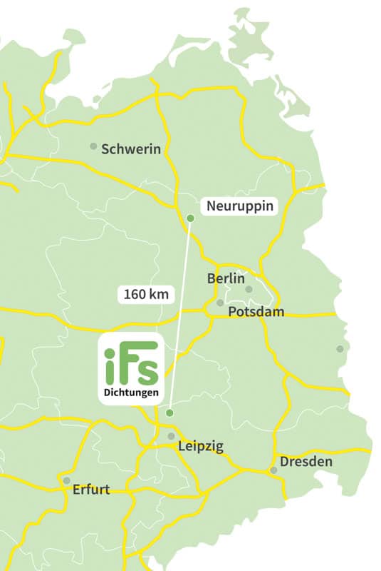 Die Karte zeigt den Abstand zwischen der Industrietechnik Frank Schneider GmbH und der Stadt Neuruppin. Aufgrund der geringen Fahrzeit von 2 Stunden 10 Minuten ist es uns möglich auch kurzfristig Dichtungen zu Ihnen nach Neuruppin zu liefern.