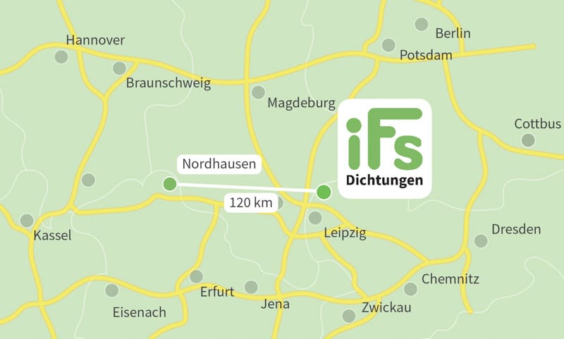 Die Karte zeigt den Abstand zwischen der Industrietechnik Frank Schneider GmbH und der Stadt Nordhausen. Aufgrund der geringen Fahrzeit von 1 Stunden 50 Minuten ist es uns möglich auch kurzfristig Dichtungen zu Ihnen nach Nordhausen zu liefern.