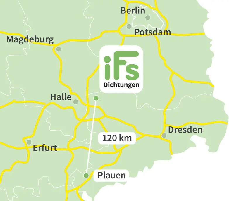 Die Karte zeigt den Abstand zwischen der Industrietechnik Frank Schneider GmbH und der Stadt Plauen. Aufgrund der geringen Fahrzeit von 1 Stunden 50 Minuten ist es uns möglich auch kurzfristig Dichtungen zu Ihnen nach Plauen zu liefern.