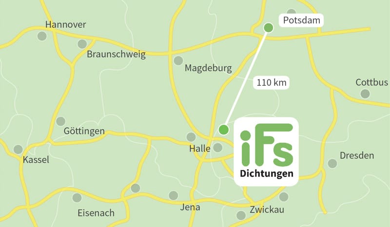 Die Karte zeigt den Abstand zwischen der Industrietechnik Frank Schneider GmbH und der Stadt Potsdam. Aufgrund der geringen Fahrzeit von 1 Stunden 30 Minuten ist es uns möglich auch kurzfristig Dichtungen zu Ihnen nach Potsdam zu liefern.