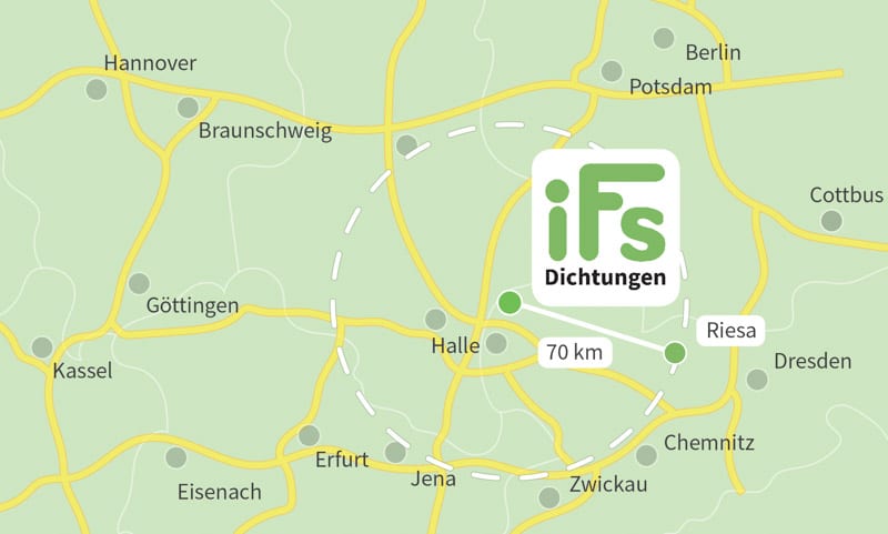 Die Karte zeigt den Abstand zwischen der Industrietechnik Frank Schneider GmbH und der Stadt Riesa. Aufgrund der geringen Fahrzeit von 1 Stunden 10 Minuten ist es uns möglich auch kurzfristig Dichtungen zu Ihnen nach Riesa zu liefern.