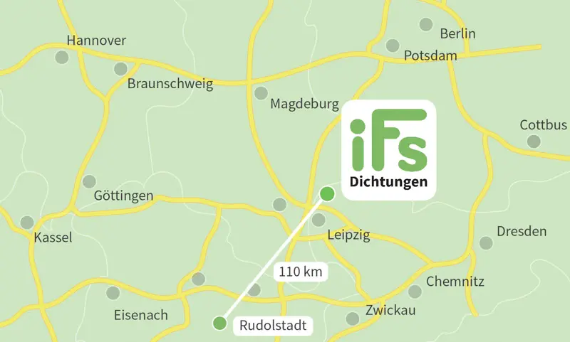 Die Karte zeigt den Abstand zwischen der Industrietechnik Frank Schneider GmbH und der Stadt Rudolstadt. Aufgrund der geringen Fahrzeit von 1 Stunden 50 Minuten ist es uns möglich auch kurzfristig Dichtungen zu Ihnen nach Rudolstadt zu liefern.